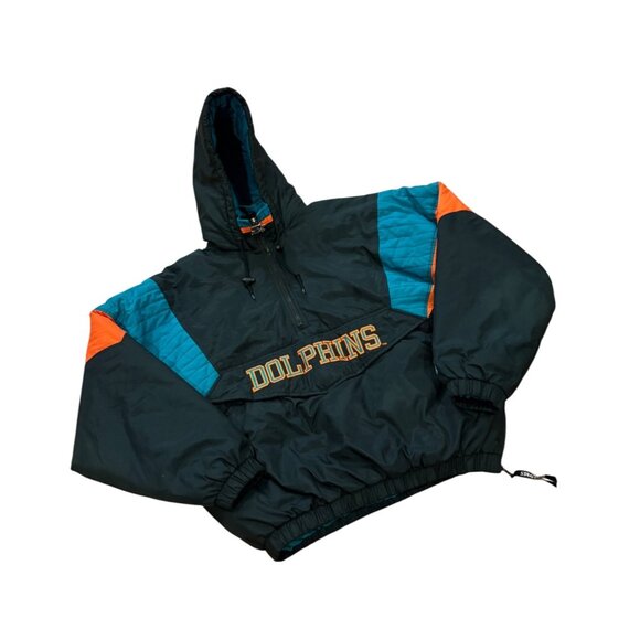 Vintage 1990's Starter Miami Dolphins NFL Puffer Hooded Jacket Black Men's Large - Picture 3 of 8